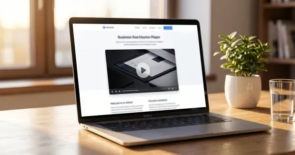 MacBook on a sunlit desk displaying a business website with a branded video player embedded mid-page