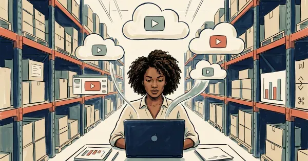 A creator at a laptop in a warehouse aisle as video clips rise from her screen into floating cloud-storage shapes