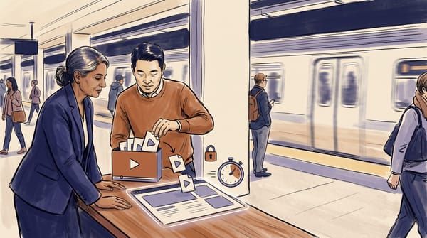 Two colleagues at a subway-station table pulling video file icons out of a YouTube-style player box and arranging them onto a clean webpage layout, with a lock icon and stopwatch nearby
