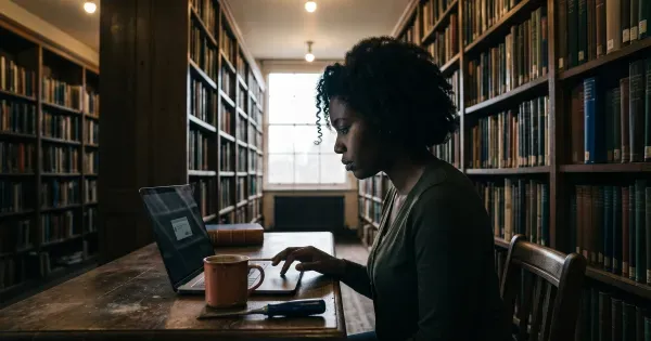A Black woman with natural coils concentrating on a laptop in a dim library aisle, terracotta mug on the wooden table