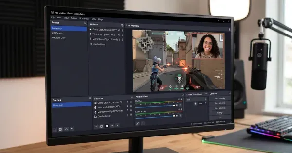 Live streaming setup with microphone, camera, and computer monitors