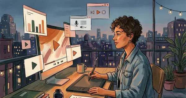Hands-only creator capturing a screen recording with floating playback windows