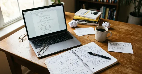 Screenwriter's desk with an open laptop, handwritten scene notes, storyboard sketch, coffee cup, and screenwriting books in warm natural light