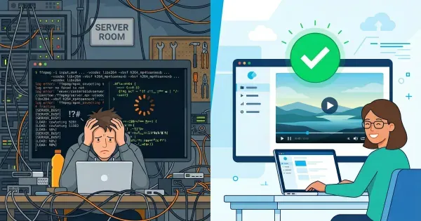 Split illustration showing a frustrated developer in a chaotic server room on the left versus a happy user with a clean video hosting platform on the right