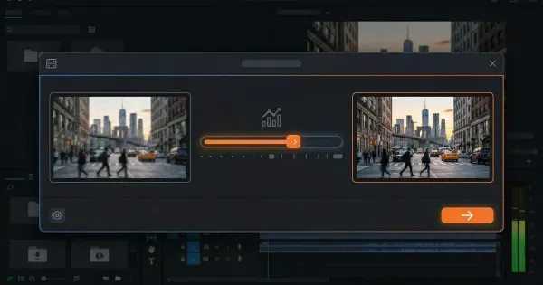 Video editing interface showing a bitrate slider between low quality and high quality video frames