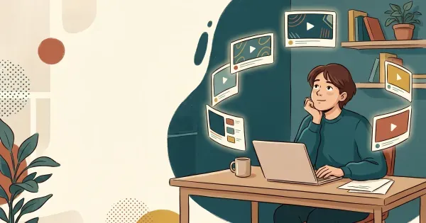 An illustrated content creator at a laptop considering floating video player thumbnails representing different hosting platforms