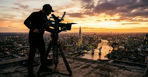 A cinematographer filming an establishing shot of a city skyline at golden hour with a professional cinema camera on a tripod