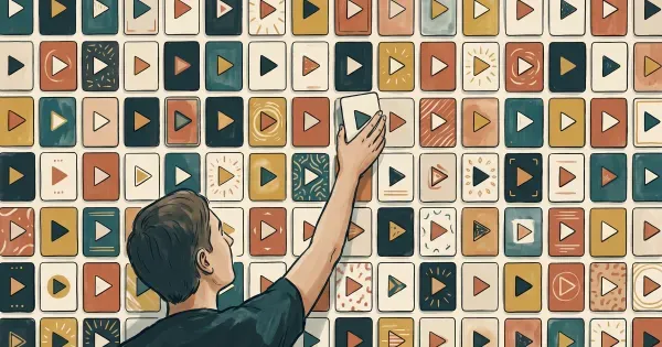 A creator reaching up to pull one play-button tile from a wall of dozens of different play-button tiles
