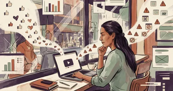 Viewer at a laptop with play button on screen, thumbs-up icons drifting up on one side and ad-warning icons on the other