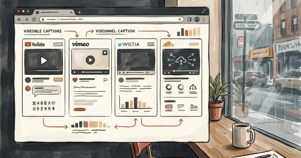 Business person reviewing video hosting platform comparison on a laptop with colorful platform cards on screen
