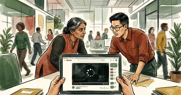 Person frustrated while waiting for slow video to load on laptop