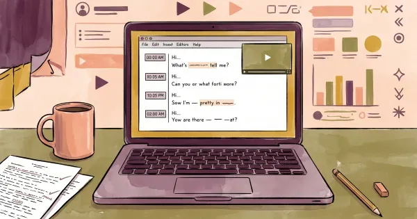 A text editor open to a caption file with stacked timestamp blocks and dialogue lines, next to a small video frame.