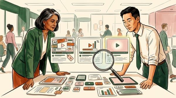 Two colleagues at a desk comparing three floating video-player cards with different levels of ads, storage limits, and branding