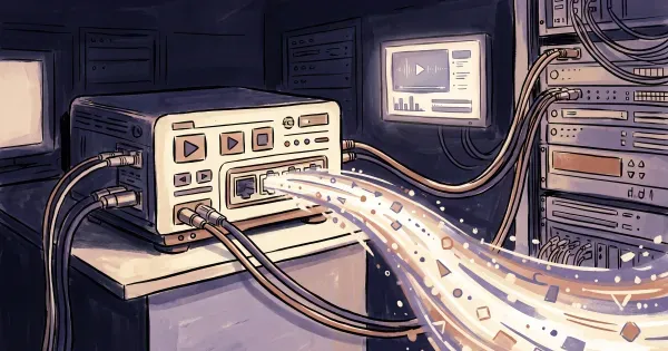 A broadcaster's encoder feeding a live data stream into a media server, illustrating RTMP ingest.