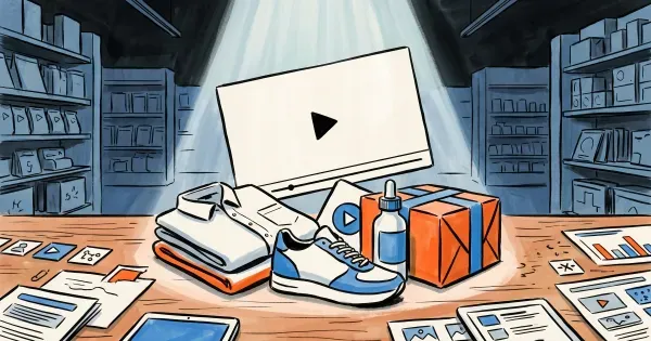 Editorial illustration of folded shirt, sneaker, skincare bottle, and wrapped box arranged on a wooden surface in front of a tilted video player frame with a spotlight from above