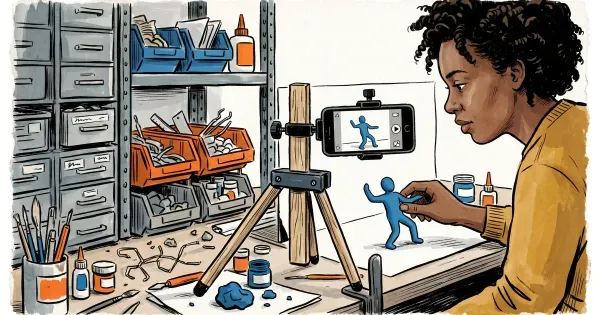Stop motion animation workspace with camera, tripod, and props on a tabletop