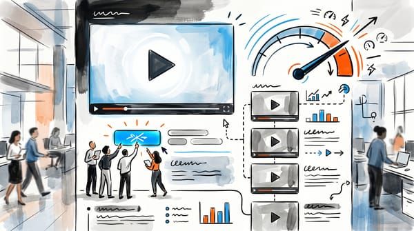 Editorial illustration of a video landing page: a hero play button, a speedometer pinned to fast, and visitors tapping a call-to-action button