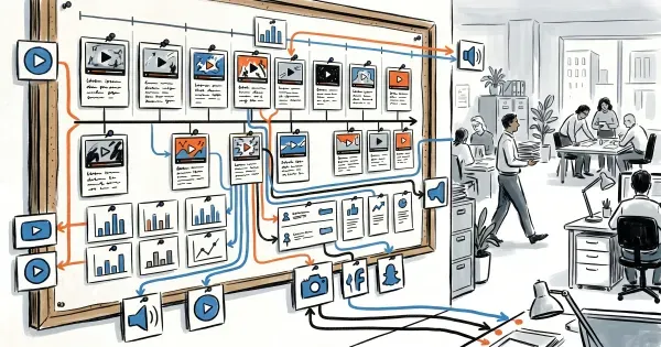 Content strategy board with video thumbnail cards pinned across a timeline, distribution arrows fanning outward to channel icons