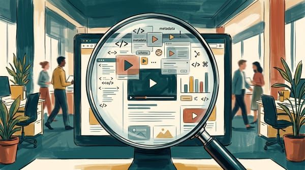 Illustrated magnifying glass revealing hidden schema markup code tags and metadata labels floating above a video player on a web page