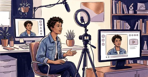 A customer being recorded on camera with a ring light, their portrait framed on a nearby monitor.
