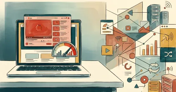 Laptop displaying a bloated YouTube embed with loading spinner and bandwidth gauge in the red zone, editorial illustration