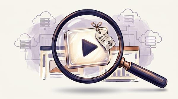 Illustration of a magnifying glass inspecting a glowing video play button with a price tag, set against cloud servers — evaluating a video hosting service's true cost.