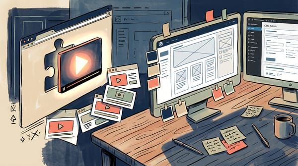 Illustration of a video play button slotting like a puzzle piece into a browser window beside a WordPress page-builder and CMS dashboard, representing embedding video across website platforms