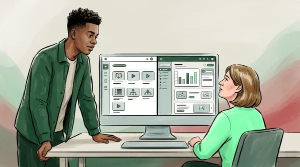 Two people at a desktop comparing two course-platform dashboards side by side on a split screen, deciding between course builders