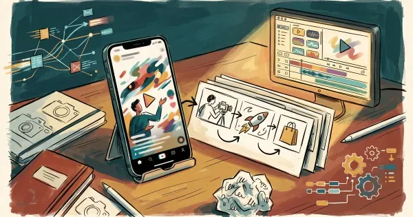 A marketer's desk with a phone playing vertical video, a video editing timeline, and a content-strategy storyboard