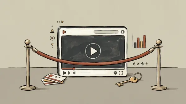 Illustration of a video player behind a velvet rope with a brass key and membership cards