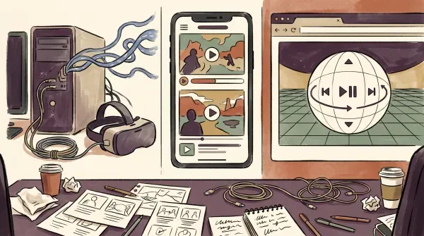 Split-screen illustration of three VR streaming types: a PC linked to a headset, a vertical gameplay broadcast, and a 360 browser video player