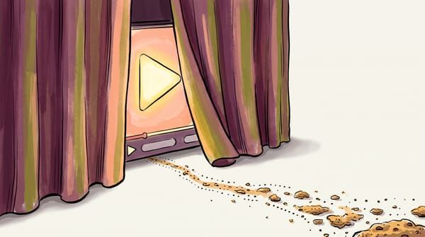 Editorial illustration of a glowing video play button behind a half-drawn privacy curtain, with cookie crumbs and tracking dots still leaking through the gap beneath