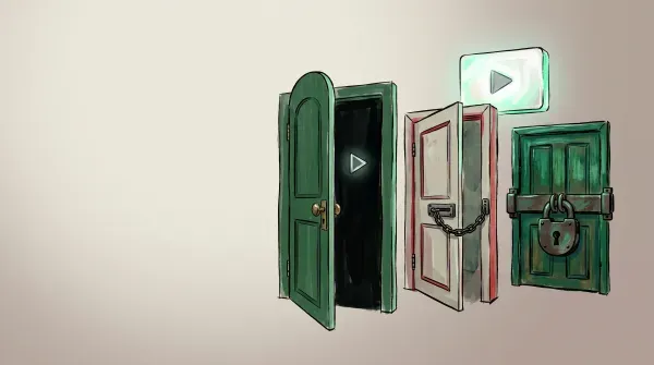 Three progressively locked doors each containing a video play icon, representing public, unlisted, and private visibility settings