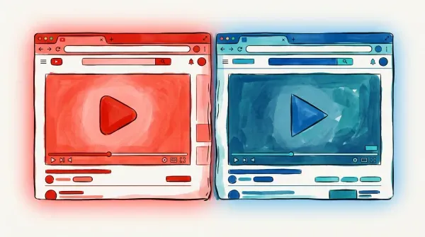 Two video player windows shown side by side, one tinted red and one tinted blue, illustrating a YouTube versus Vimeo comparison for embedding video on a business website.