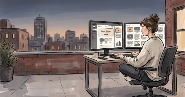 Web designer's dual monitor setup showing a website theme customizer with live preview and a theme gallery grid