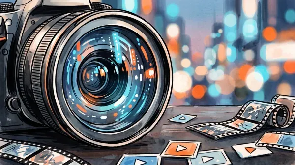 Editorial illustration of a professional camera lens in close-up reflecting neon city lights, with film strips and play-button thumbnails on a dark tabletop