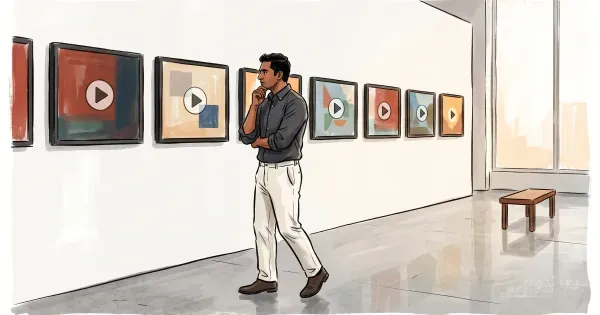 A man compares a gallery wall of framed video player screens, painterly editorial illustration
