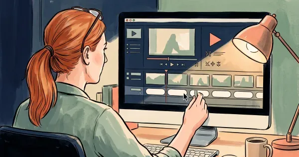 An editor placing blank caption blocks beneath a video timeline in an edit suite, painterly editorial illustration