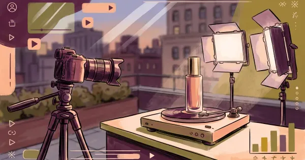 Elegant perfume bottle rotating on a turntable in a rooftop studio, tripod camera and two LED panel lights framing the shot