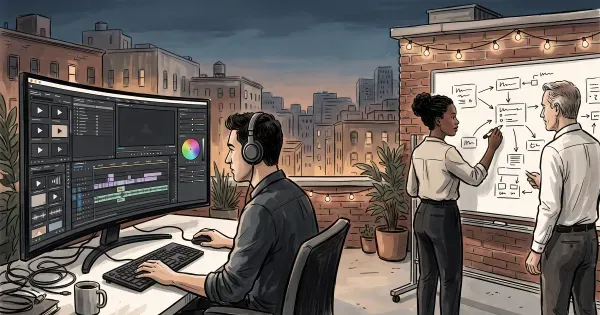 Video editor and colleague reviewing a multitrack timeline with color grading panel on a curved monitor
