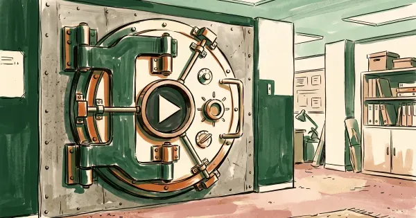 A sealed vault door with a play triangle at its center in place of a combination dial