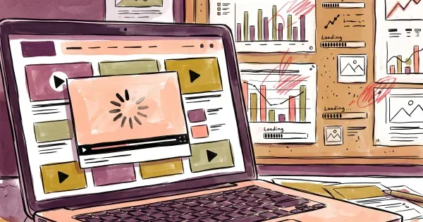 Laptop screen showing a media website with all thumbnails loaded except the central video player, frozen on a spinning loading icon