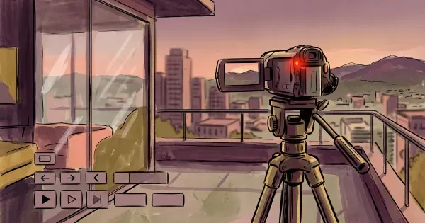 Camcorder mounted on a tripod on a dusk rooftop terrace, red record light glowing, aimed at a distant mountain skyline