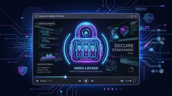 Illustration of a secure video portal window displaying a video locked message with a neon glowing digital combination lock