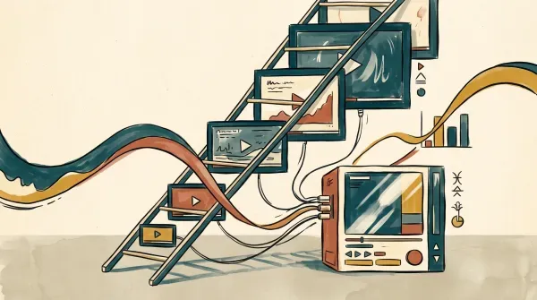 Editorial illustration of a ladder built from video frames of increasing size, each wired to a player device, with a signal wave sweeping across it