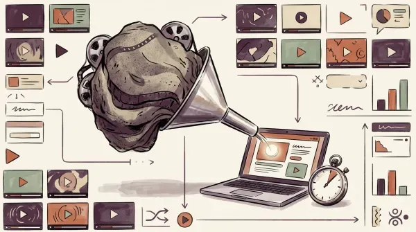 An oversized reel of video film funneled down into a small light disc that lands on a web page rendering on a laptop, with a stopwatch beside it barely moving