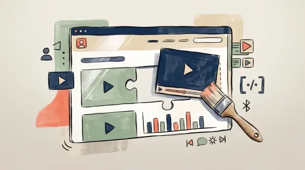 Illustration of a video player tile being slotted into a puzzle-piece gap on a website page under construction