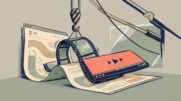 Illustration of a heavy filmstrip loop being craned off a sagging webpage as a slim video player takes its place