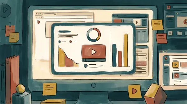 Illustrated video analytics dashboard on a monitor showing a retention curve, a donut chart, bar comparisons, and a video player thumbnail