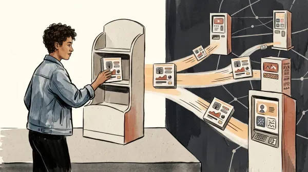 Illustration of a podcast episode being placed on a branded home shelf while copies stream out to public kiosks